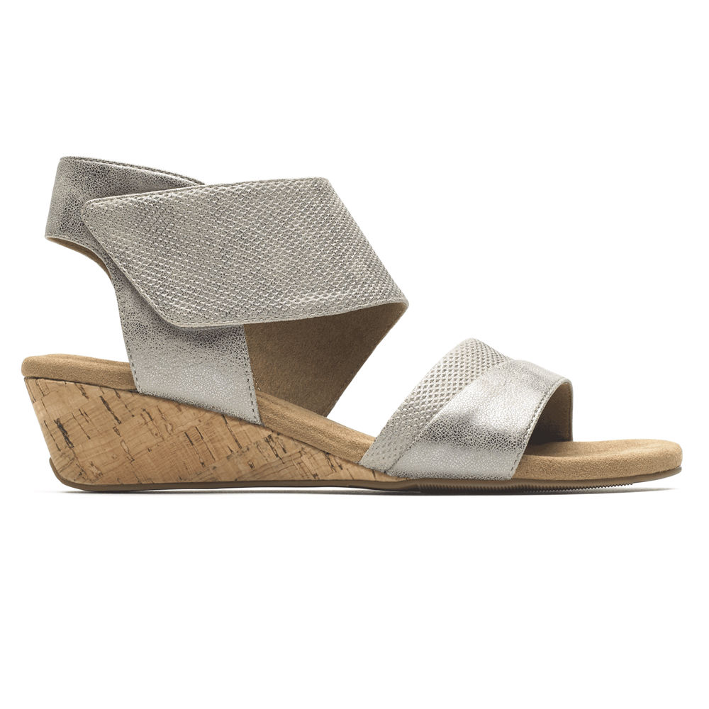 Rockport Womens Calia Mid Wedge Cuff - Sandals Silver - KYZ932675